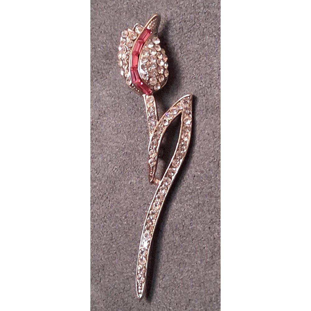 Pink Rhinestone Tulip Brooch Vintage Pin - Picture 2 of 4